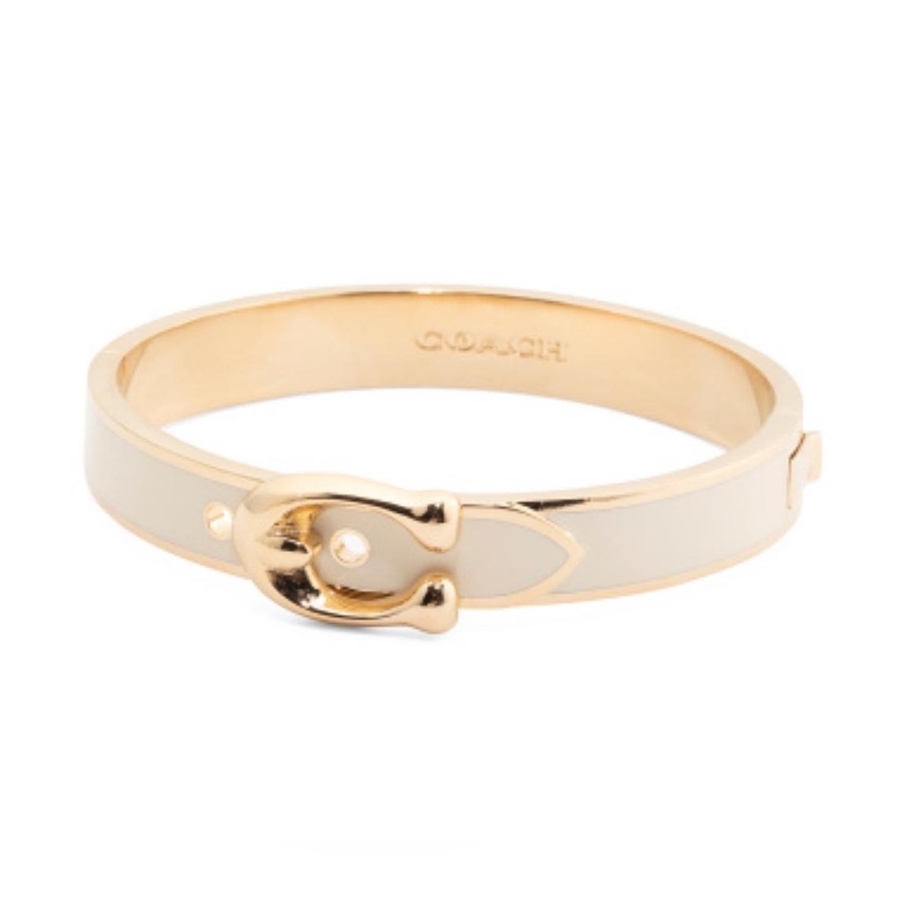 NWT COACH Buckle Bangle Bracelet SIGNATURE C Gold Plated‎ & Chalk Enamel Hinged